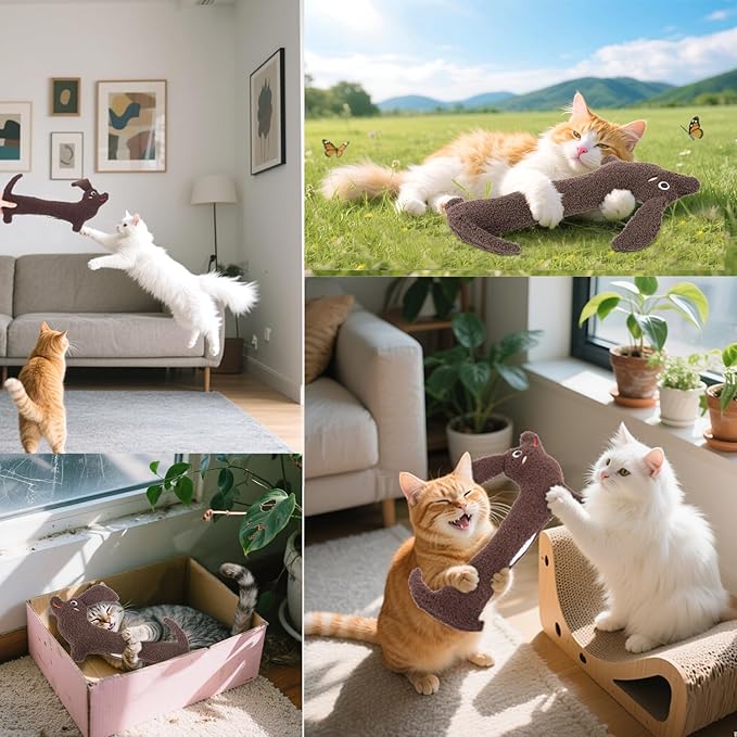 Cat Toy Kicker Pillow Large, Crinkle Sound Refillable Catnip Toy for Indoor Cats Kitten, Durable Plush Kitty Kicking Toy for Cat Chew Teeth Cleaning, Puppy Shape, Brown