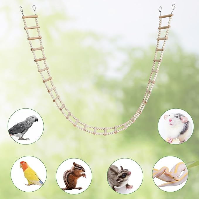 Long Bird Ladder with Wooden Rungs and Beads, Parakeet Climbing Swing Toys, Bird Cage Accessories, Wooden Climbing Bridge Toys for Parrots, Rat, Sugar Gliders, Squirrels, Snakes