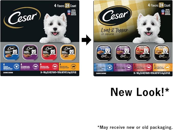 Cesar Wet Dog Food Loaf in Sauce Rotisserie Chicken, Filet Mignon, Angus Beef, and Ham & Egg Flavors Variety Pack, 3.5 oz. Easy Peel Trays (24 Count, Pack of 1)