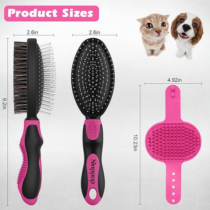 2PCS Dog Grooming Tools - Double-Sided Bath Brush for Shedding and Bathing, Suitable for Short/Long Haired Dogs, Premium Pet Supplies (Black Pink)