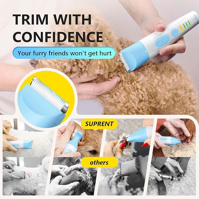 SUPRENT Dog Grooming Kit, 4 in 1 Quiet Pet Clippers for Grooming Supplies, Cordless Cat Paw Trimmer Dog Nail Grinder, Professional Long Hair Shaver Set for Cat Matted Hair and Small Dogs Blue