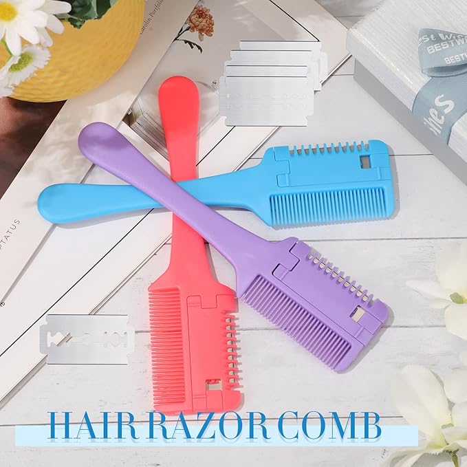 3 Pcs Pet Grooming Razor Comb with 50 Replacement Blades - Double Sided Hair Trimmer, Cutter and Scissors Tool for Dogs and Cats(Pink, Blue, Purple)