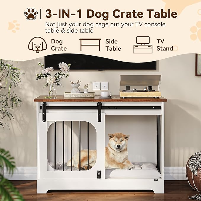 Dog Crate Furniture, 39.4" Dog Kennel for Dogs Up to 70 Lb, with Bed Mat, Heavy-Duty Dog Cage End Table, Three Doors Dog House, White/Brown
