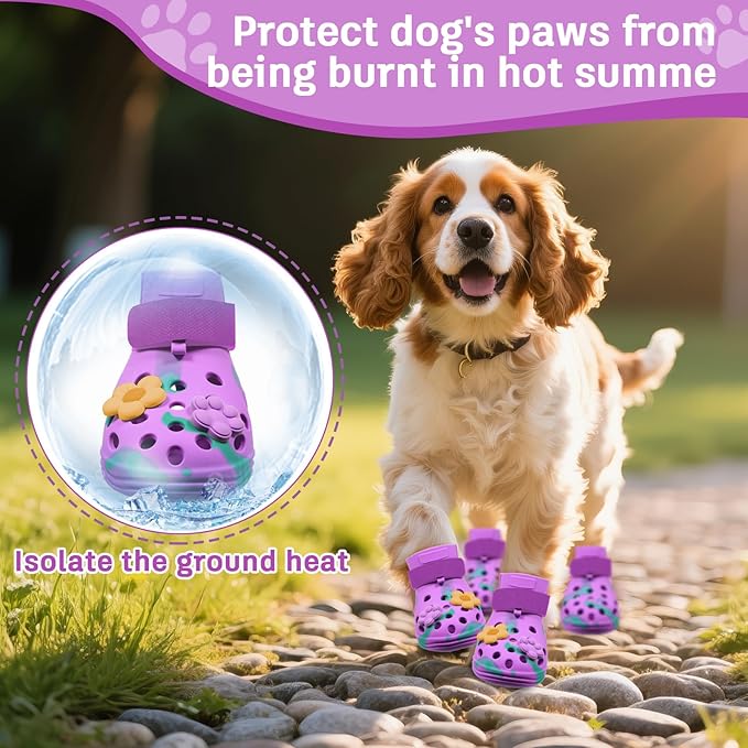 Dog Shoes for Hot Pavement, Adjustable Magic Tape Boots for Small, Medium & Large Dogs, Anti-Slip, Easy to Clean Paw Protectors for Beach, Outdoor & Hot Weather (Purple S)
