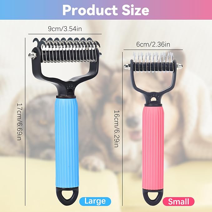 2PCS Pet Safe Dematting Comb for Dogs - Double Sided Dematting,Upgraded Pet Safe Dematting Comb for Dogs Cats, Deshedding Dog Brush Cat Dematting Tool,Dog Hair Mat Remover(Blue-Large + Pink-Small)