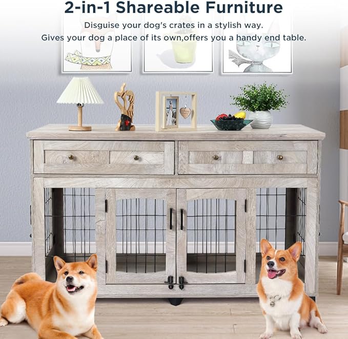 2 Rooms Dog Crate Furniture for Big Breed,58" Wooden Dog Crate Table with 2 Drawers,Indoor Dog Kennel,Dog House,Dog Cage,TV Stand (Grey)
