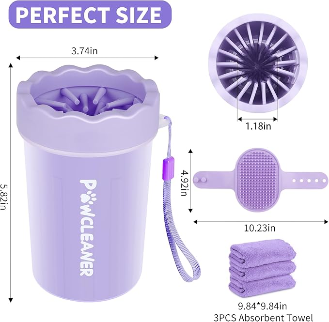 Dog Paw Cleaner for Dogs, (with 3Pcs Absorbent Towels & Adjustable Bath Brush) Dog Paw Washer, Pet Foot Cleaner (Purple, Medium)