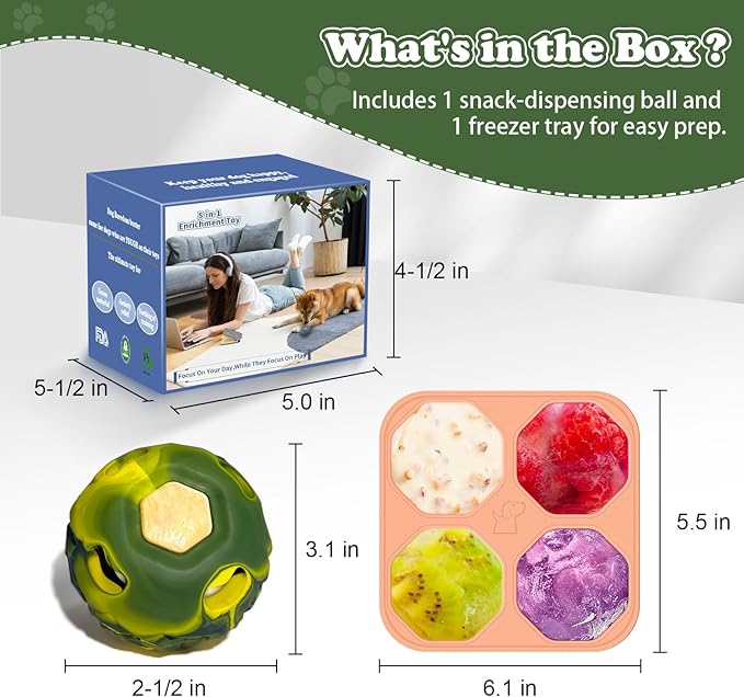 5-in-1 Dog Enrichment Toy Bite & Brush Freeze Ball, Dog Toys, Interactive Chew Toy for Large Aggressive Chewers (25-85 lbs), Freezable Bone for Dogs, Homemade Treat Dispenser (Green, Large)