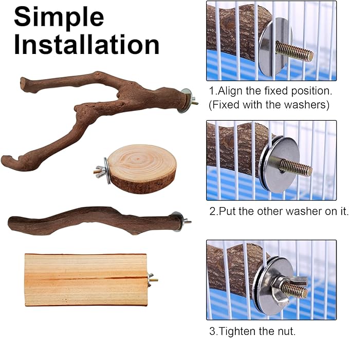 6PCS Bird Perches Natural Parrot Perch Stand for Cage, Grape Wood Stands, Bird Platforms, Parakeets Paw Grinding Fork Exercise Toys Set for Cockatiels, Conure, Parrot