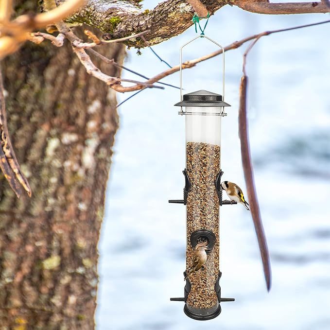 MIXXIDEA 2PK Metal Wild Bird Feeder Squirrel Proof Bird Feeders for Outside Hanging 6 Port Tube Bird Feeder Transparent Finch Feeder with Steel Hanger (Coffee)