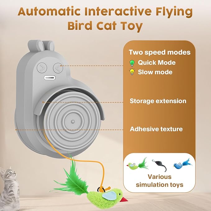 Interactive Cat Toys for Indoor Cats - Automatic Flying Bird & Mouse Wand Enrichment Toy, Hands-Free or Handheld USB-Rechargeable Safe Play Chase Exercise for Bored Kittens and Adult Cats