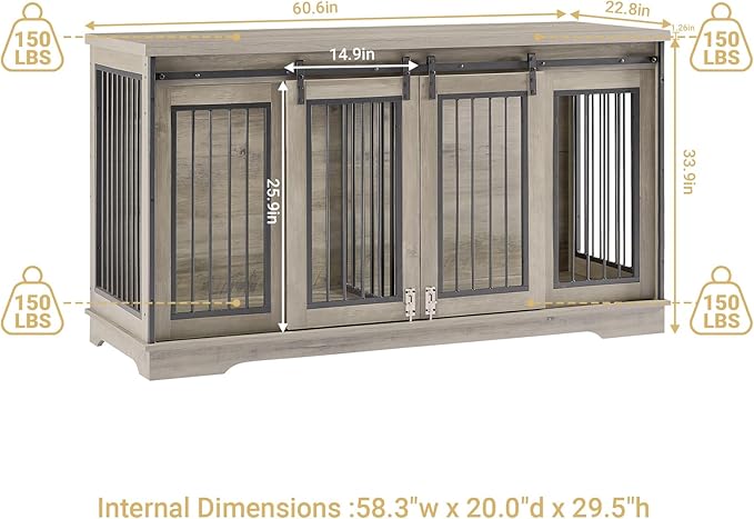 Rovibek 61 Double Dog Crate Furniture for 2 Dogs, Large Double Dog Kennel Furniture TV Stand, Furniture Style Dog Crates End Table, Wood Crates for Dogs Kennel Indoor Grey