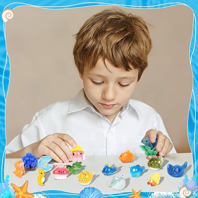 56 Pcs Ocean Mini Resin Animals Sea Tiny Animals Axolotl Seal Shark Turtle Mini Resin Figures Aquarium Ornaments Fish Tank Decorations Garden Fairy Accessories Party Favors