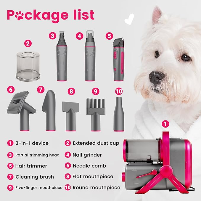 Dog Grooming Kit, Dog Grooming Vacuum, 13000Pa Upgrade Strong Pet Grooming Vacuum for Pets, Scalable Dust Cup, Low Noise, 10 Tools Shedding Grooming for Pet Hair (Rose red)