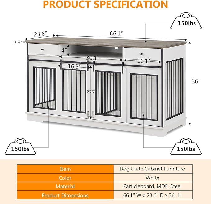 3-in-1 Double Dog Crate Furniture, 66.1 Inch White Furniture Kennel for Large Dogs with Divider, Dog Kennel Dog Crates TV Stand with 2 Drawers and Sliding Doors