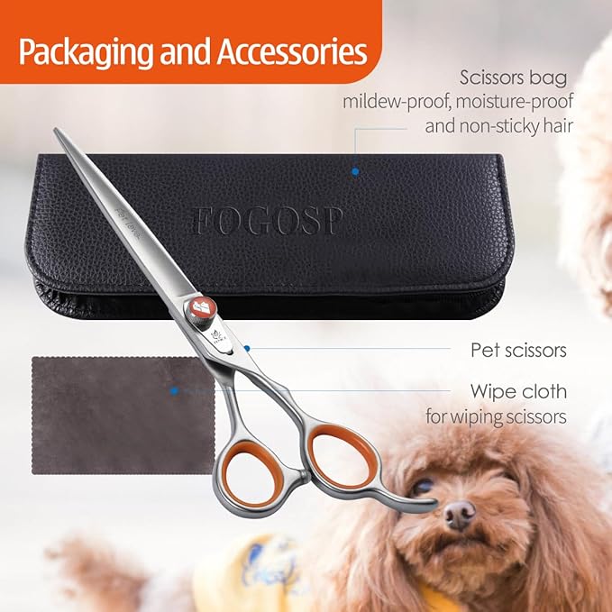 7'' Straight Dog Grooming Scissors Professional Grooming Shears for Dogs Cat Pet Japan 440C Stainless Steel Dog Cutting Scissors for Grooming Right Handed