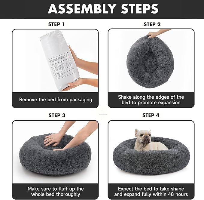 OhGeni Calming Donut Dog & Cat Bed Pillow, Machine Washable Plush Waterproof Zipper Cover, Anti-Slip Round Comfort Bed, Pillow Design Cozy Warming Fluffy Fur Bed for Medium Dogs, Gray, 30 inches