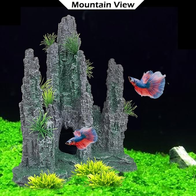 Aquarium Decoration Large and Tall for Fish Tank Rock Thematic Ornaments Aquarium Mountain View Stone Ornaments Aquarium Decor Tree House Cave Fish Tank Decoration - Large