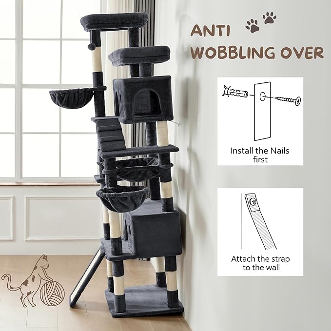 Tall Cat Tree Tower Large: 80-Inch 8-Level Extra Giant Cat Condo for Indoor Big Cats Adults with 9 Scratching Posts, 2 Perches, 2 Caves, 2 Basket, 2 Stairs, Heavy Duty, Huge