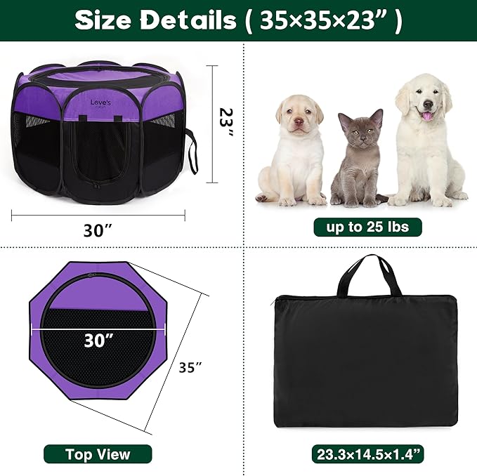 Love's cabin Pet Puppy Dog Playpen, Medium Dog Tent Crates Cage Indoor/Outdoor, Portable Playpen for Dog and Cat, Foldable Pop Up Dog Kennel Playpen with Carring Case, Removable Zipper Top, Purple
