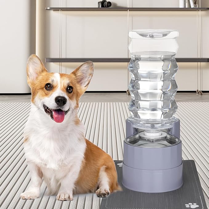 RIZZARI Large Water Dispenser for Dogs: 8L Gravity Gray Automatic Stainless Steel Waterer - 100% BPA Free - Raised Pet Feeder for 20-42 LB Senior Dogs with Joint Pain in Bedroom Garden