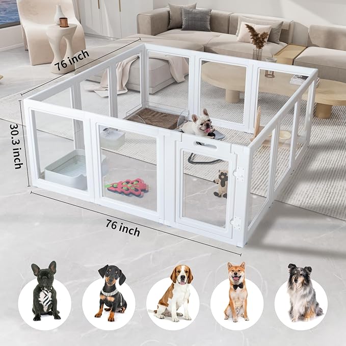 Acrylic Dog Pen,Dog Kennel,Clear Dog Playpen, Easy to Install WhiteDog Pen Indoor, 35.4" H, 8 Pieces