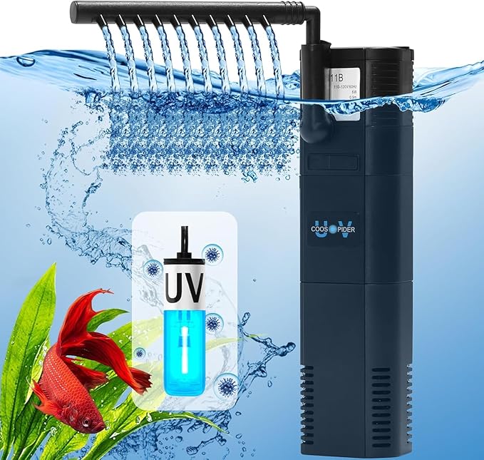 Small Fish Tank Filter for 10-20 Gallon Tank, U-V Aquarium Rainfall Submersible Green Clean Machine 120GPH Internal Betta Turtle Freshwater Saltwater Crystal Clear Killing