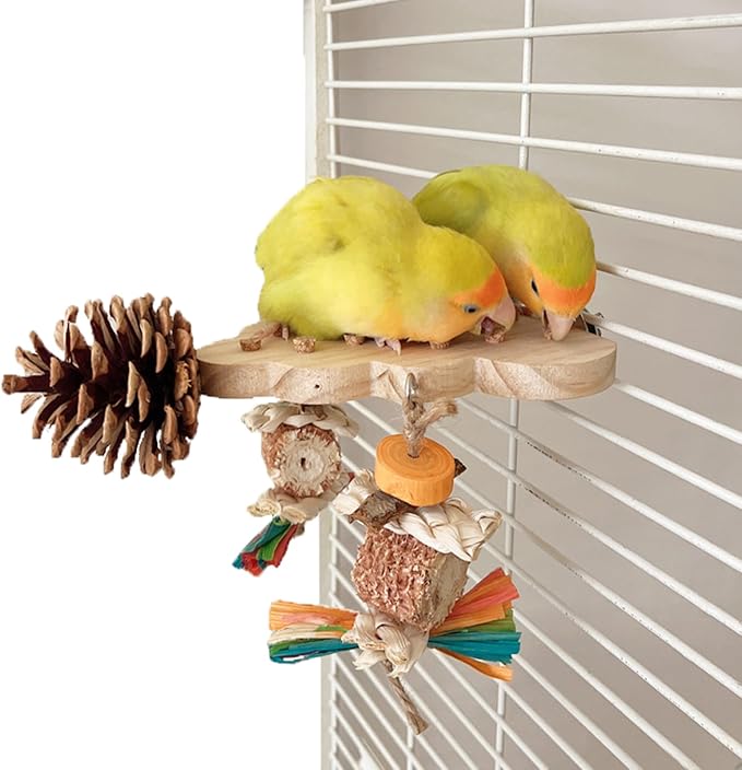 Parrot Toys, Parrot Wooden Bird Toys, Long Tailed Parrot Toys with Pure Natural Corn Sticks, Small and Medium-Sized Parrot Toys with Pure Natural Pine Cones, Fun Bird Cage Accessories