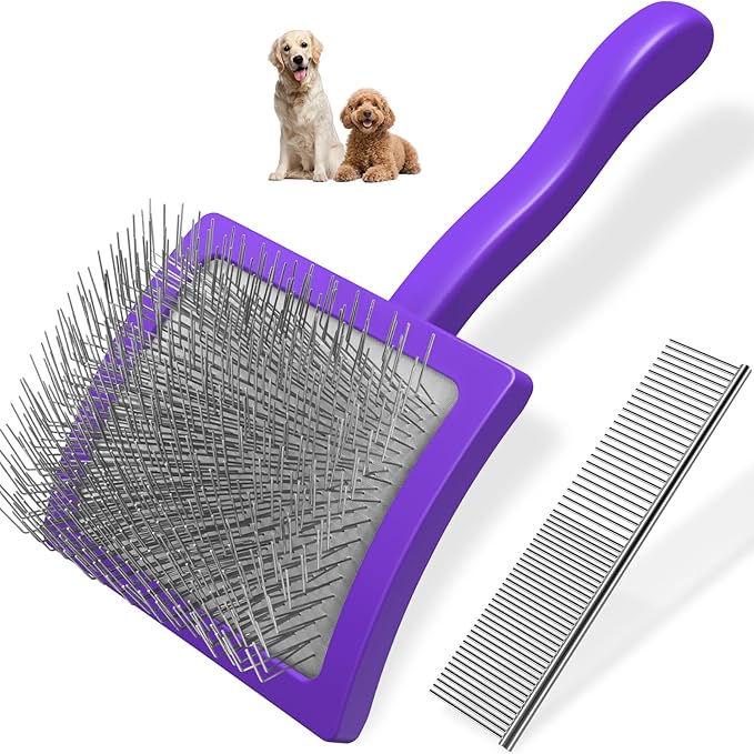 2PCS Slicker Brush for Dogs & Pet Comb,Professional Dog Grooming Brush (Goldendoodles,Poodles,Labradoodles) with Extra Long Pins to Effectively Remove Tangles, Knots and Mats (Purple Large)