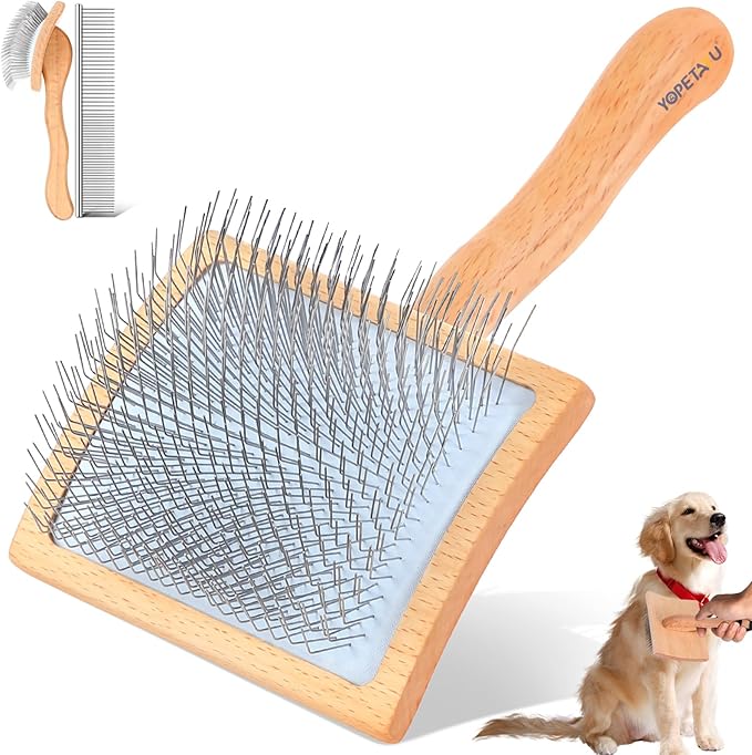 Dog Slicker Brush for Shedding and Grooming Medium or Long Haired Cats, Extra Long & Soft Pin Slicker Brush for Removes Loose Hair, Tangles, Knots, Undercoat, Free Pet Comb, Large, Clear