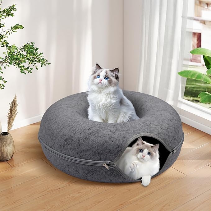 Cat Caves for Indoor Cats, Large Cat Tunnel for Multiple & Large Cats, Scratch Detachable Cave Bed, Kitten Donut Kitty Hideaway Up to 45 Lbs
