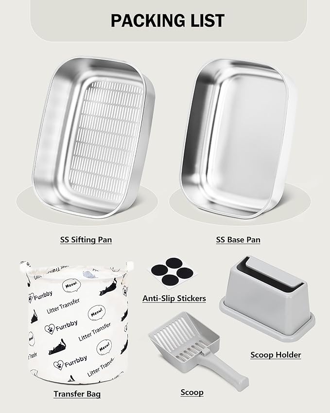 Stainless Steel Sifting Litter Box with Lid, Metal Litter Pan with Scoop for Big Cats Multi Cat, Extra Large Cats Litterbox Odor Control Easy Clean (22.8 * 16.1 * 6.5inch-Without Enclosure, X-Large)