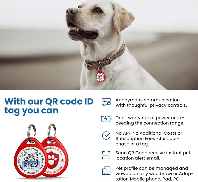 Dog Tags Personalized, QR Code Pet ID Tags for Dog Collar, Online Profile, Scan Location Alerts, Red