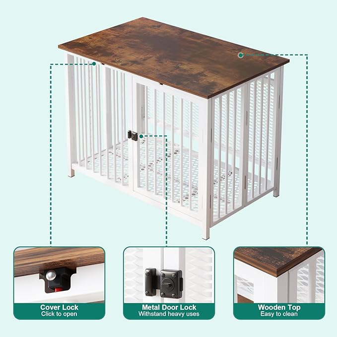 Heavy Duty Dog Crate Furniture, Fully Assembled exc. Locks, All Metal Frame & Wooden Tabletop, Modern Kennel for Small/Medium Dog, Sturdy, Foldable, End Table, White/Rustic Brown