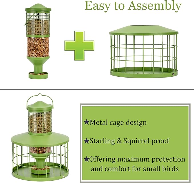 Caged Bird Feeders Squirrel-Proof, Metal, 2.8Lbs Capacity-Cage Tube Seed Feeders with Tray, Hanging Wild Bird Feeders, Attract Birds,Detachable Cleaning, Starling Proof Wild Bird Feeder(Green)