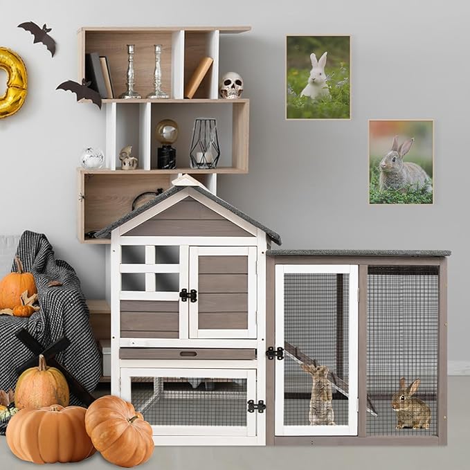 48" L Rabbit Hutch Indoor Outdoor Rabbit Cage with Run, Pull Out Tray, Asphalt Roof Large 2 Story Bunny Hutch Wooden Chicken Coop Guinea Pigs Pet House Cage for Small Animals(Grey)