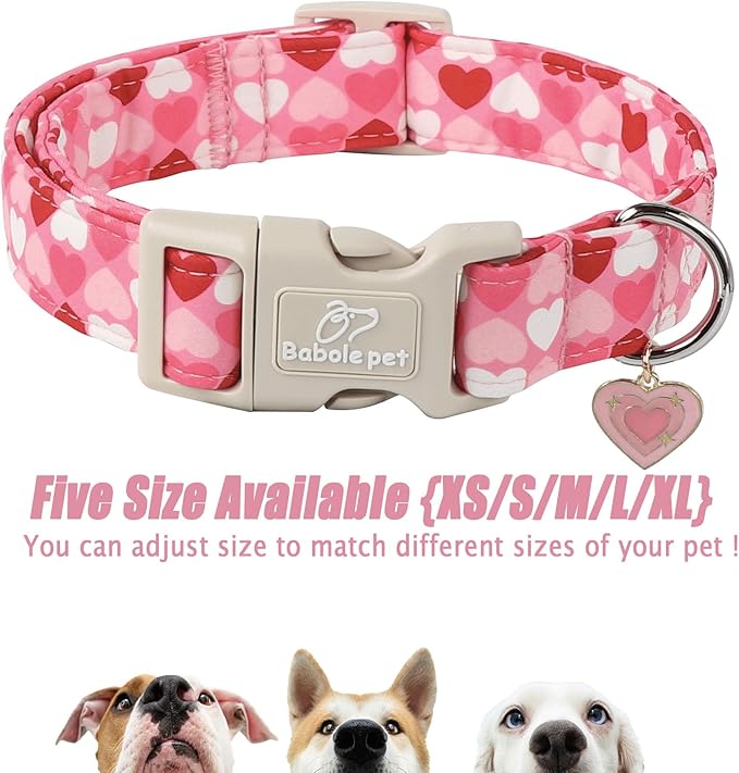 Valentine's Day Dog Collar - Cute Pink Valentines Dog Collar Girl Boy Durable Adjustable Love Heart Pattern Charm Dog Collars for Small Medium Large Dogs S