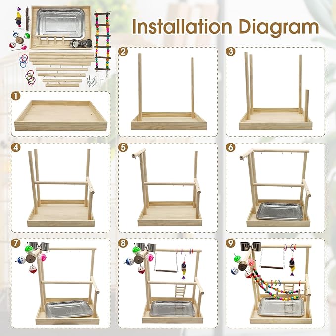 PINVNBY Bird Playground Parrot Playstand Play Gym Cockatiel Wood Bird Toys Birds Cage Accessories Playpen Ladder with Feeder Cups Hanging Swing Toys for Parakeet Conure Lovebird Cockatiel
