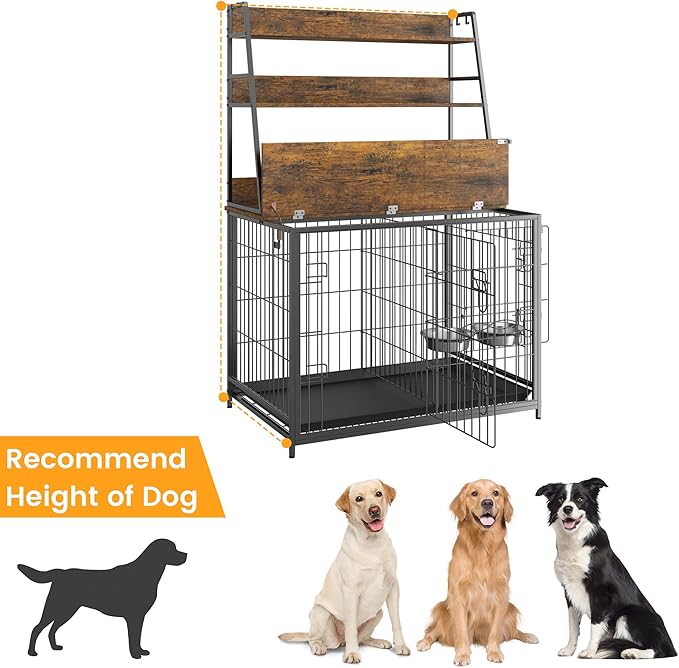 GAOMON Wooden Dog Crate Furniture with Storage Shelves,Dog Kennel Indoor with Removable Tray,Double Doors Modern Dog Crate, Dog House with Two Adjustable Stainless Steel Bowls,End Table Dog Crate
