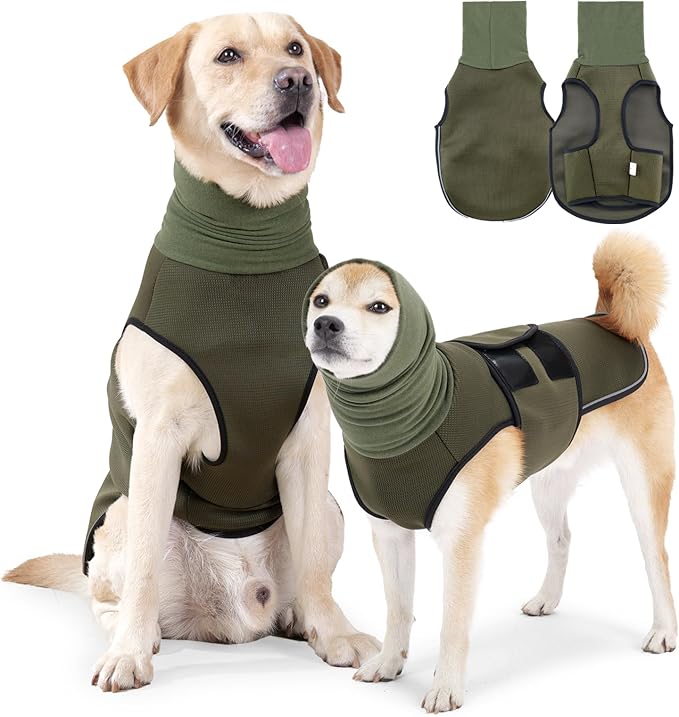 ROZKITCH Dog Anxiety Calming Hoodie, Jacket for Fireworks & Travel, Breathable Dog Shirt with Noise Block & Ear Protection Design ArmyGreen XL