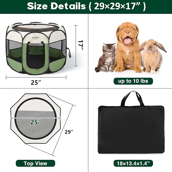 Love's cabin Pet Puppy Dog Playpen, Small Dog Tent Crates Cage Indoor/Outdoor, Portable Playpen for Cat, Foldable Pop Up Dog Kennel Playpen with Carring Case, Removable Zipper Top, Olive Green
