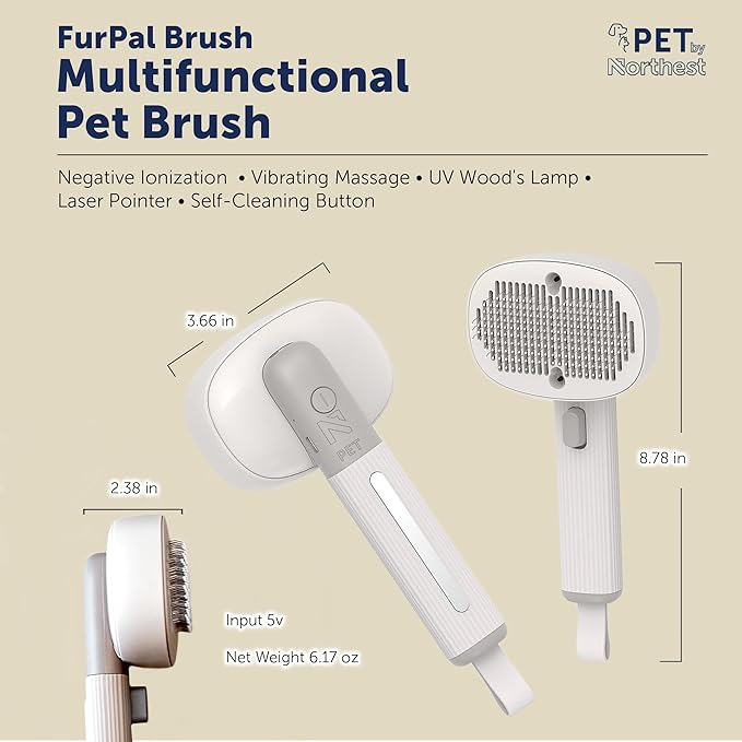 MultiFunctional Pet Brush, Dog Brush for Shedding, Cat Brush for Shedding, Grooming & Hair Removal, Deshedding Dog Brush, Vib Massage, Neg. Ion Tech, UV light for tick detection, pet chase light.