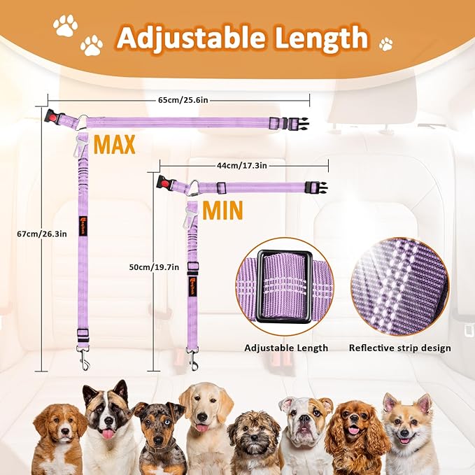 Removable Dog Seat Belts Harness for Car, 3 in 1 Pet Dog Car Seatbelt Leash, laqibak Restraint Secures to Headrest and Reflective Effect Adjustable Bungee Dog Seatbelt Tether, 2PCS and Poop Bag Holder