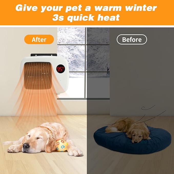 Dog House Heater with Thermostat, Wall-Mounted Dog Heater with 6.5FT Bite Proof Wire, Heater for Dog House with Safe Overheat Protection(2 Heating Mode 200W/400W)