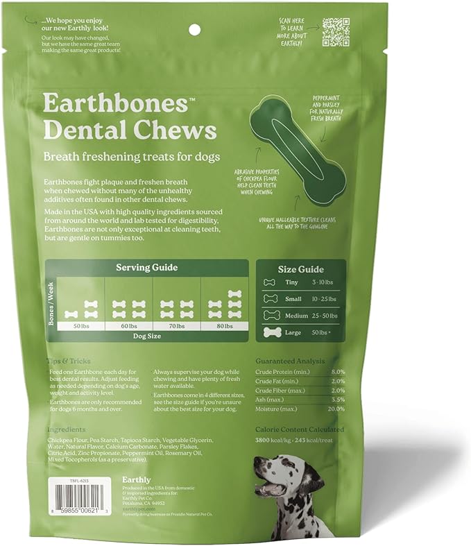 Earthbones (Formerly Terrabones) Dental Chews, Dog Teeth Cleaning Treat, Large, 6 Treats