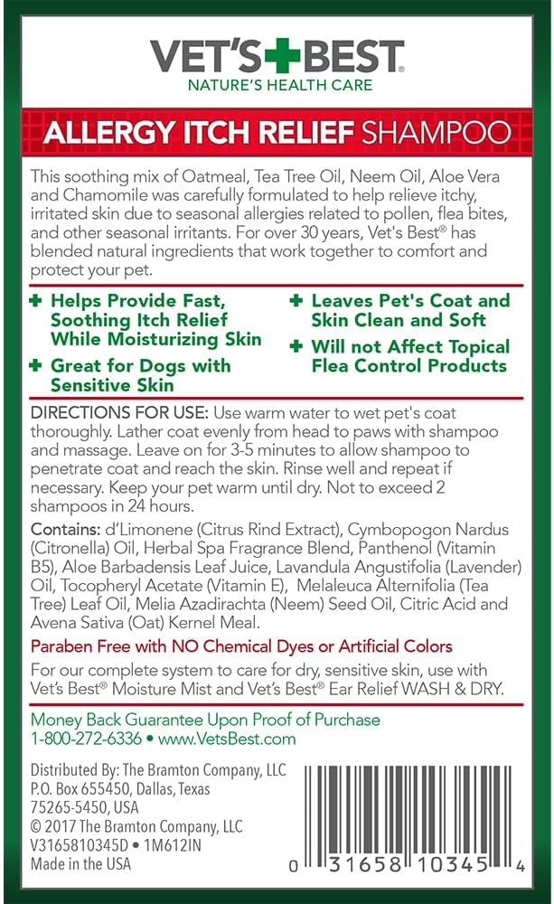 Vet's Best Allergy Itch Relief Dog Shampoo | Cleans and Relieves Discomfort from Seasonal Allergies | Gentle Formula | 16 Oz