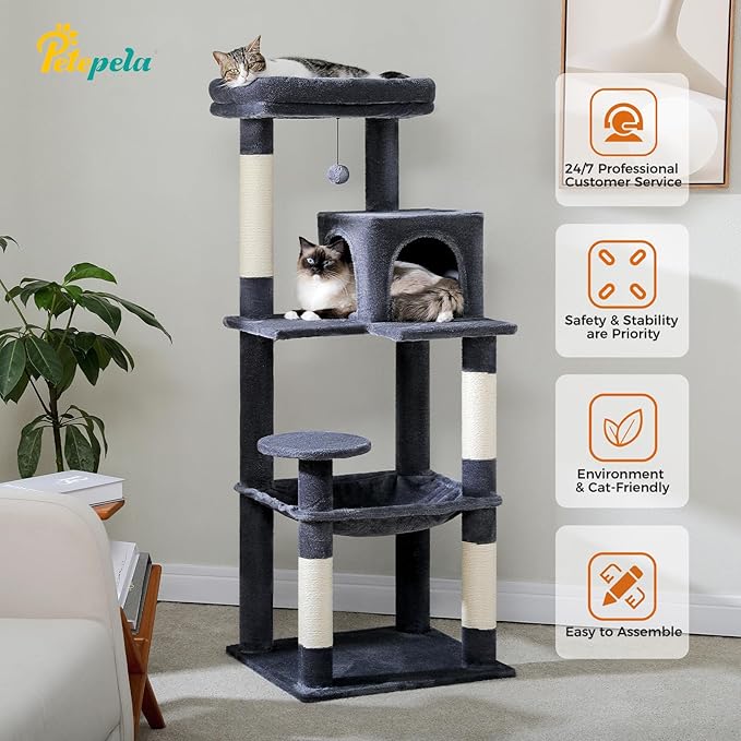 PETEPELA 56.3'' Tall Cat Tree for Indoor Cats, Multi-Level Cat Tower with Super Large Hammock (20''X16''), Sisal Covered Scratching Posts, Cozy Condo and Top Perch, Dark Grey