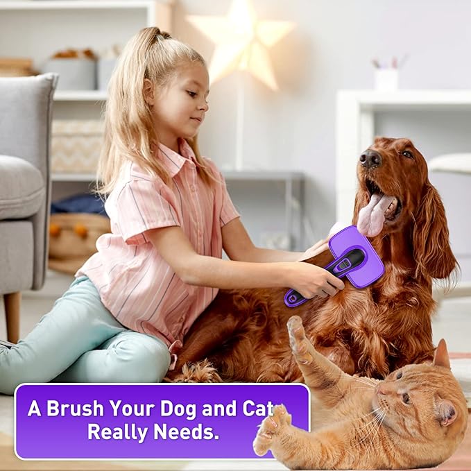Dog Brush for Shedding, Self-Cleaning Slicker, 4 PCS Kit with Bath Brush, Flea & Steel Combs, Ideal for Short & Long Haired Pets, Removes Mats, Tangles, Fur, Gentle on Skin. Purple