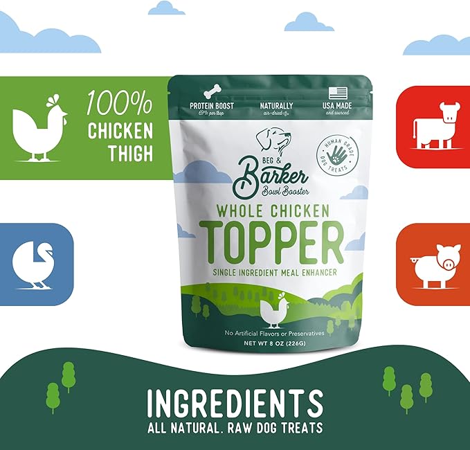Beg & Barker Chicken Dog Food Toppers for Picky Eaters (8 Ounce, Pack of 1) - Bowl Booster with Whole Chicken - Premium Meal Mixers for Dogs - Single Ingredient, Human Grade, Grain Free