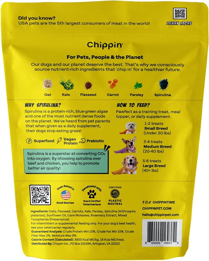 Chippin Plant-Based Spirulina Healthy Supplement & Dog Treat (5oz, 2-Pack) | Stop Grass Eating | Hypoallergenic, Chicken-Free Vegan Protein | Made in USA